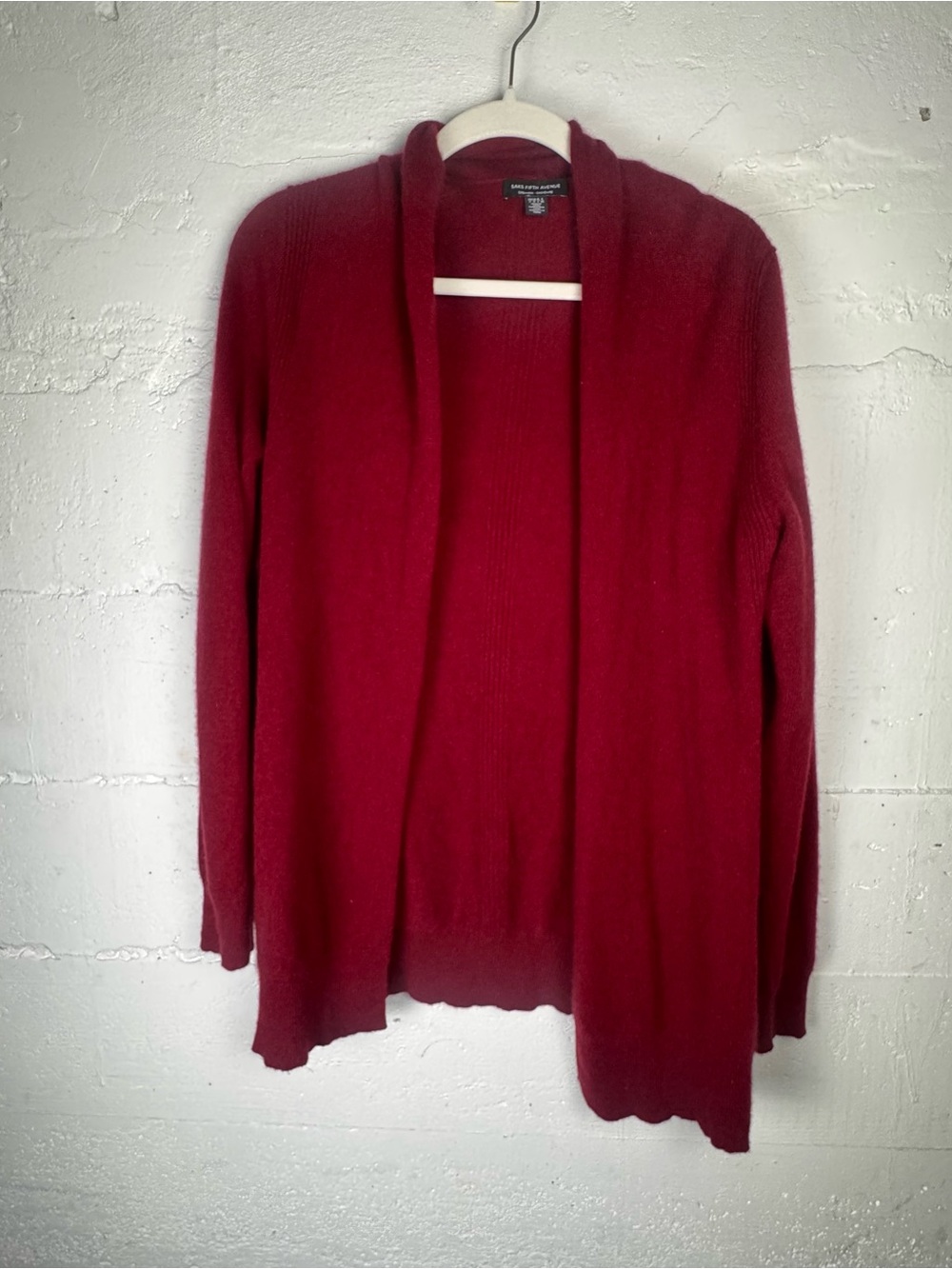 Saks Fifth Avenue 100% Cashmere Open-Front Cardigan Sweater burgundy red Large